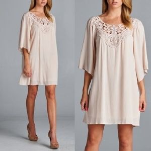 Gauze Crochet Detail 3/4 Sleeve Tunic Shift Dress